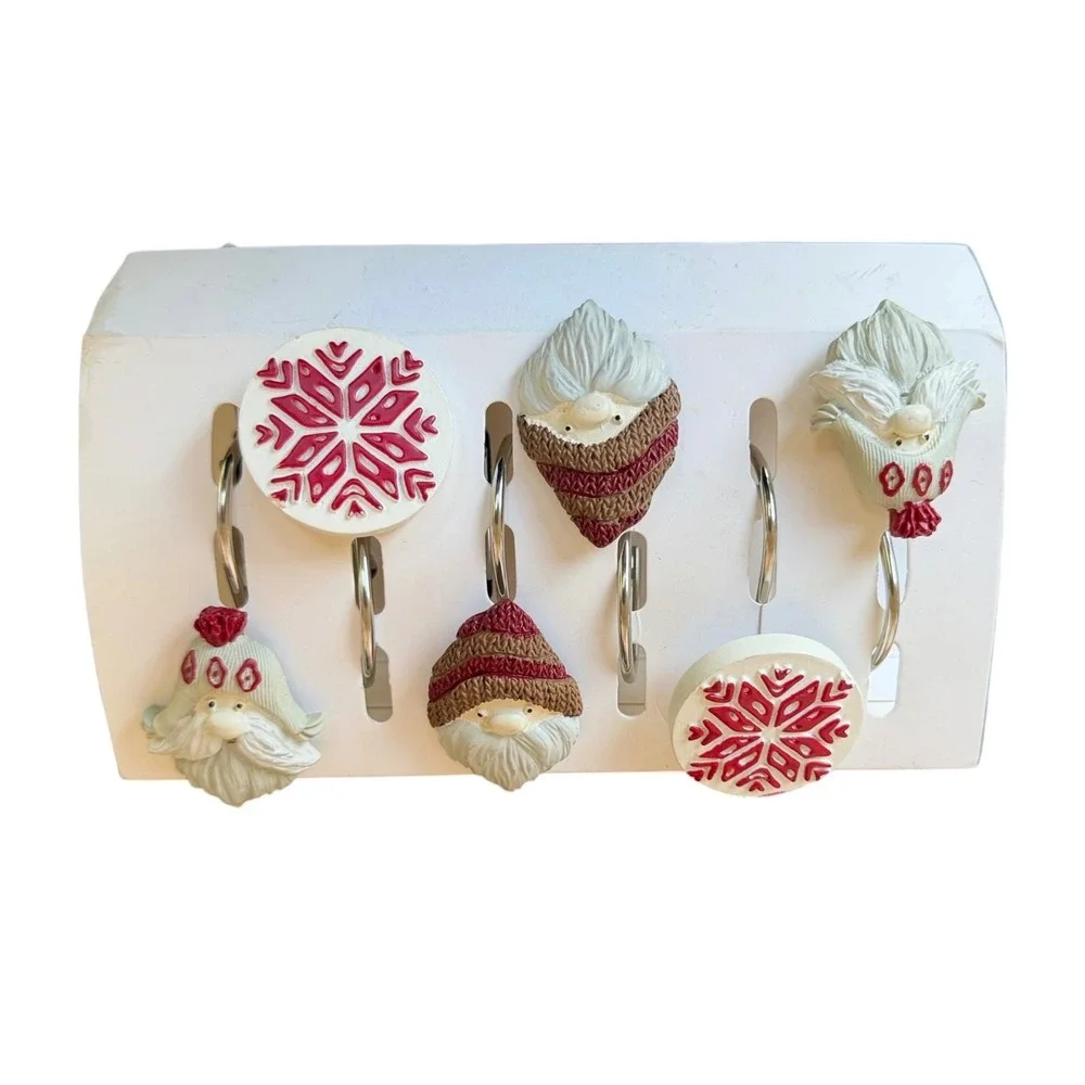 Christmas Shower Curtain Hooks Set of 12 Santa Gnome Snowflake Rustic Holiday